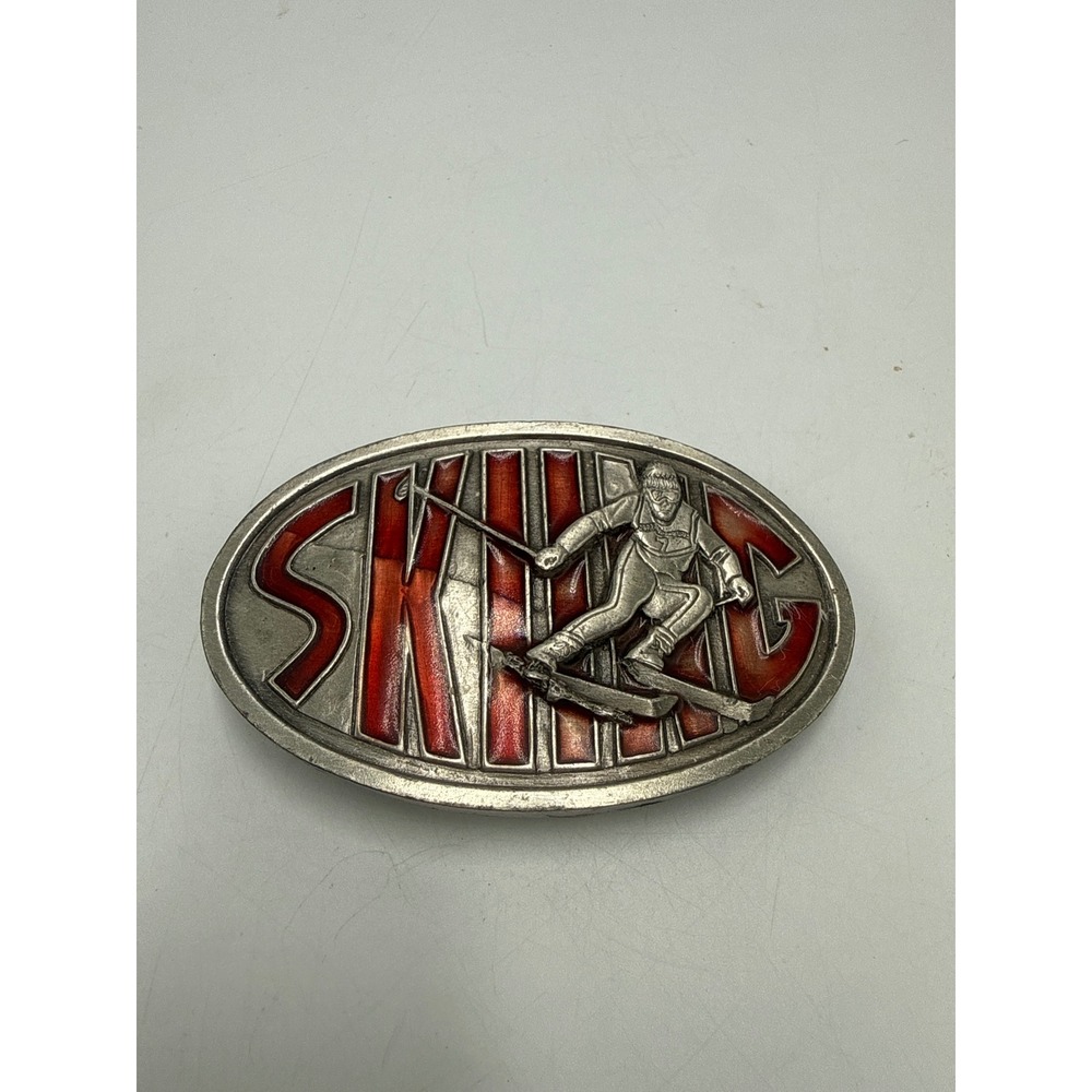 Vintage 1976 Bergamot Brass Works Skiing Belt Buckle Red Enamel Skier I-85